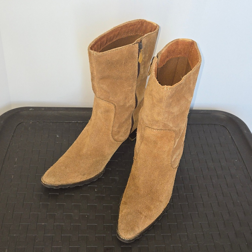Padhu Tan Suede Leather Pointed Toe western Boots Stacked Heel Size 36